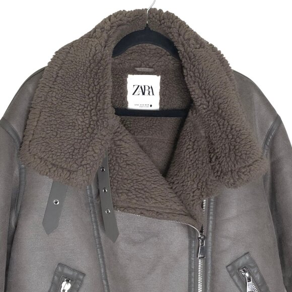 ZARA Double Faced Sherpa Grey Oversized Biker Jacket Size M - Picture 5 of 13